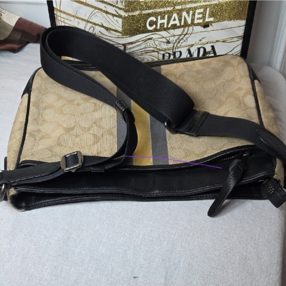 Coach Black and Tan Messenger Bag with Yellow Stripe - Picture 2 of 13